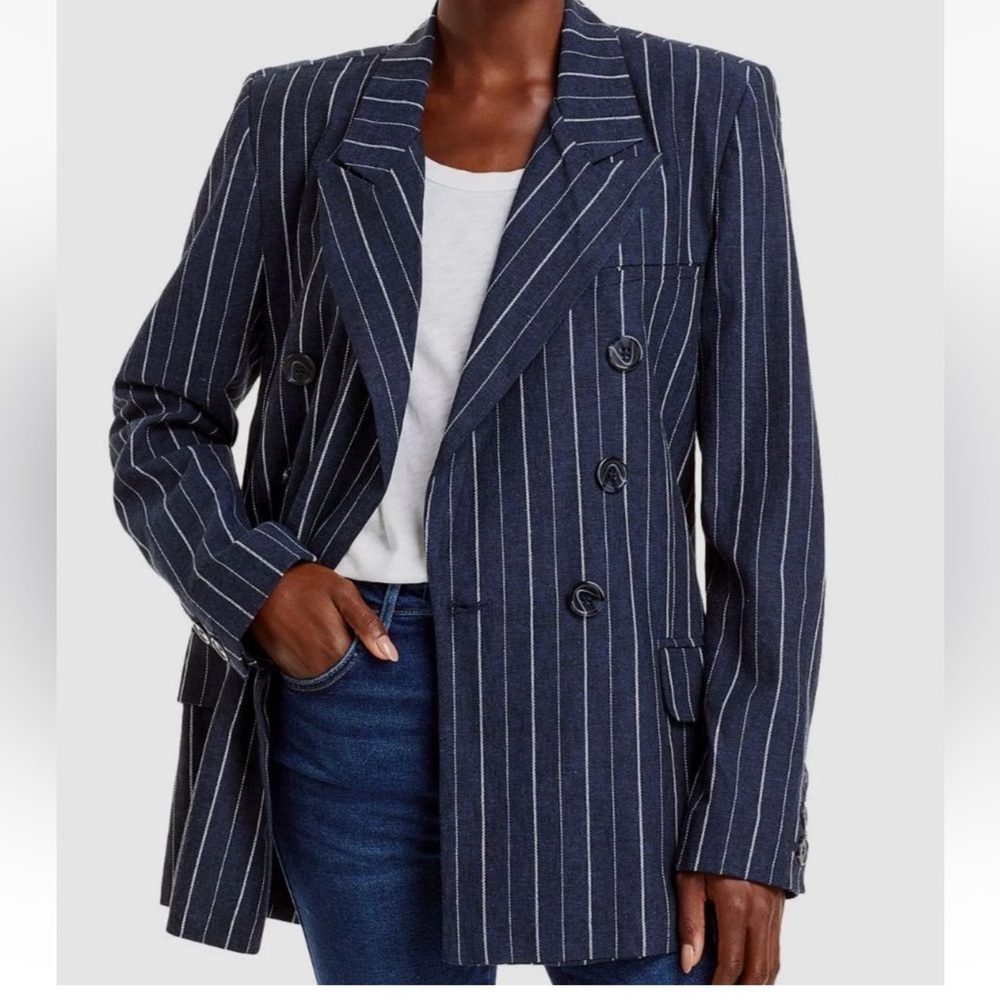 Free People Navy Pinstripe Double-Breasted Blazer‎ Size XS